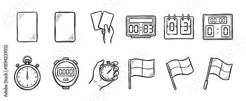 Hand-drawn set of black and white sports referee icons including stopwatch, scoreboard, penalty card, and checkered flag in a doodle style collection for competition concepts