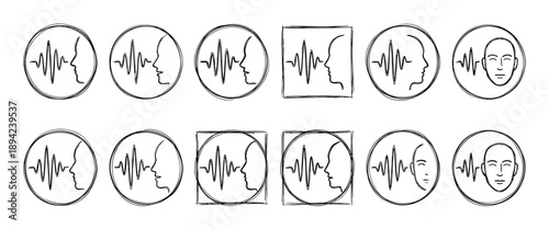Hand-drawn sketch icons set with human profiles and sound waves representing voice recognition, speech therapy, and audio communication concepts in a minimalist doodle style