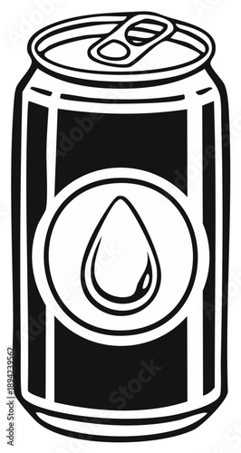 Black and white beverage can with liquid drop graphic for refreshing drinks and canned refreshment illustration