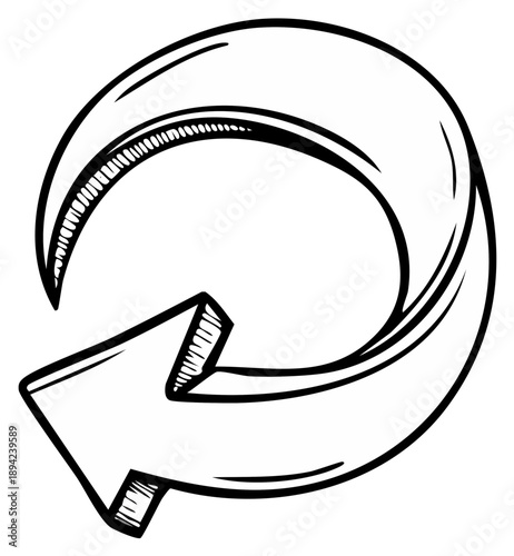 Hand drawn stylized arrow in a circular motion, indicating turning back or going backwards