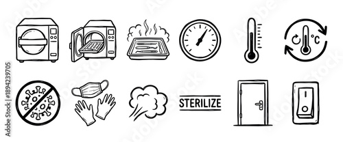 Set of hand-drawn sterilization icons showing an autoclave, medical tools, thermometer, and hygiene symbols in a black and white doodle style for disinfection concepts