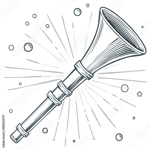 Hand Drawn Sketch of a Party Horn Noise Maker with Starburst and Decorative Elements