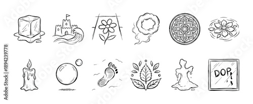 Set of twelve hand-drawn doodle icons featuring a melting ice cube, sandcastle, flower, smoke, mandala, candle, and bubble in a simple black and white sketch art style