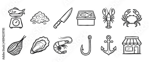 Hand drawn seafood and fishing icon set featuring a fish on a scale, crab, lobster, shrimp, oyster, and market elements in a simple black and white doodle sketch style