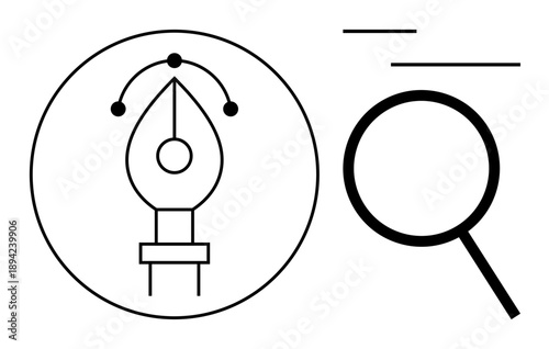 Pen tool inside a circle with anchor points paired with magnifying glass and lines. Ideal for design, creativity, analysis, editing, research, branding, focus minimalism. Simple flat metaphor
