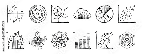 Hand-drawn climate change and environmental data icons set showing various ecological concepts like global warming, drought, pollution, and natural disasters in a sketchy doodle style
