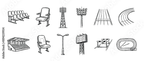 Set of hand-drawn stadium equipment icons including seats, floodlights, running track, scoreboard, and hurdles in a black and white doodle style for sports and athletics concepts