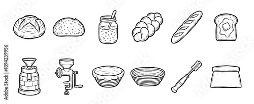 Set of twelve bread baking illustrations in a black line art style featuring a sourdough loaf, baguette, challah, grain mill, banneton basket, and a dough scraper