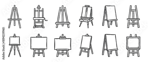 Collection of wooden artist easels in various styles, including tripods and H-frames with blank canvases, presented as a simple black and white hand-drawn doodle illustration set