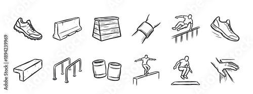 Parkour and freerunning icon set with hand-drawn black line art illustrations of athletes jumping, balancing, and vaulting over various urban obstacles in a dynamic doodle style