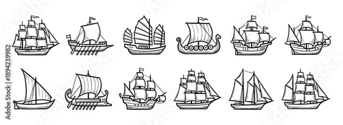 Collection of twelve historical ships and boats in a hand-drawn black and white sketch style, featuring various vessels like galleons, Viking longships, and Chinese junks