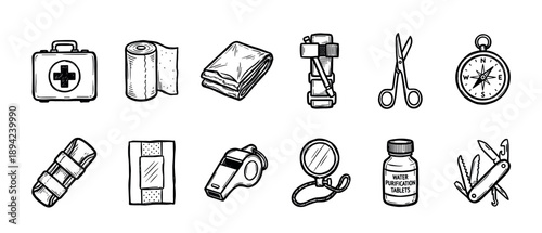 Hand-drawn survival and emergency preparedness icons featuring a first aid kit, compass, tourniquet, bandage, and multi-tool knife in a simple black and white doodle illustration set