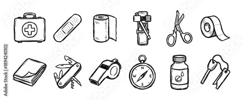 Collection of hand-drawn survival kit icons including a first aid box, compass, knife, and medicine in a black and white doodle sketch style for emergency preparedness concepts