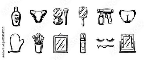 Hand-drawn set of black and white beauty icons for a tanning salon, including a spray tan gun, lotion, mitt, makeup brushes, vanity mirror, and false eyelashes