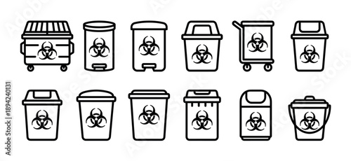 Biohazard waste container line icon set featuring various bins, dumpsters, and buckets with a danger symbol for medical or laboratory hazardous material disposal