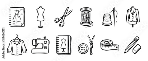Set of hand-drawn sewing and tailoring icons including a sewing machine, mannequin, scissors, thread, and measuring tape in a black and white doodle style illustration