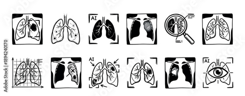 Hand-drawn lung diagnostics icons set showing medical x-ray scans, AI analysis, and disease detection with tumors in a monochrome sketch style for healthcare concepts