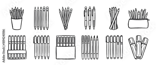Hand-drawn doodle set of stationery icons showing various pens, pencils, markers, and highlighters in different arrangements like holders, cases, and boxes for school or office concepts