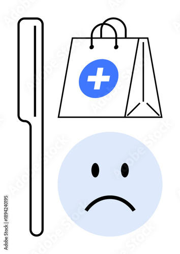 Healthcare shopping. A pharmacy bag with a medical symbol, a swab test, and a sad face icon health concerns and medical testing. For health monitoring, medical checkups, disease prevention