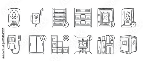 Hand-drawn icon set of climate control and storage solutions, featuring hygrometers, thermometers, secure shelving, and preservation equipment in a simple black and white doodle style