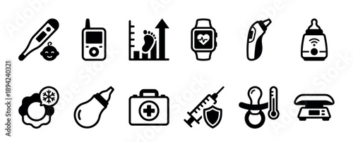 Black glyph icon set for baby care, health, and technology showing a thermometer, monitor, growth chart, and smart devices for modern parenting and childcare concepts