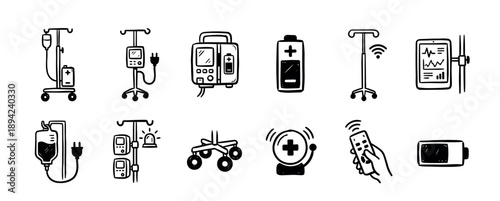 Collection of hand-drawn medical equipment icons showing an IV drip stand, infusion pump, heart monitor, and alarm bell in a simple black and white doodle style illustration set