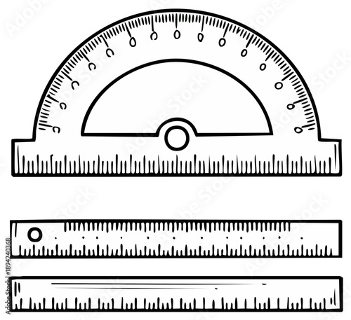 Illustration of a protractor and a ruler, measuring tools, geometry concept