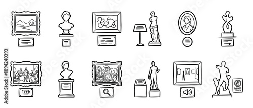Hand-drawn set of museum and art gallery icons featuring paintings, sculptures, and busts in a simple black and white doodle style for cultural and historical concepts