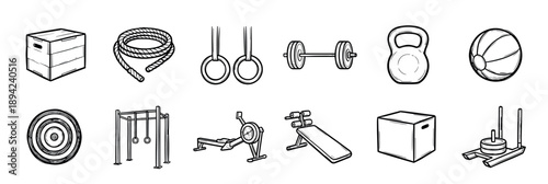 Set of hand-drawn gym equipment icons for functional fitness and cross-training workouts, including a kettlebell, barbell, plyo box, and rowing machine in a sketch style