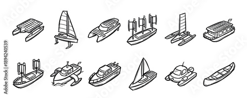 Hand-drawn boat and watercraft icon set featuring various vessels like solar-powered catamarans, sailboats, and hydrofoils in a black and white doodle illustration style
