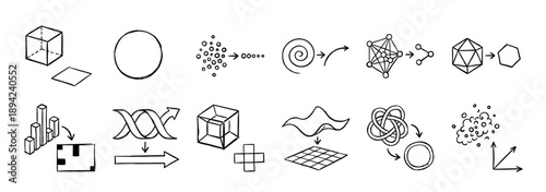 Collection of hand-drawn scientific sketches illustrating concepts of transformation, data processing, complexity, and geometry in a simple black and white doodle style