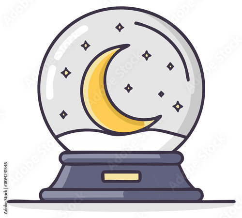 Whimsical snow globe featuring a bright crescent moon and twinkling stars inside a wintery scene
