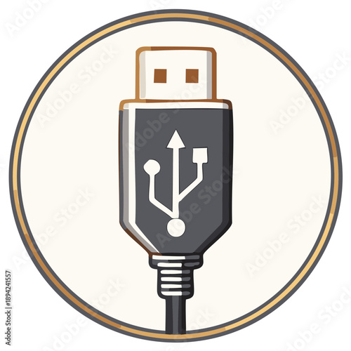 Detailed icon illustration of a Universal Serial Bus plug and cable inside an elegant gold circular frame