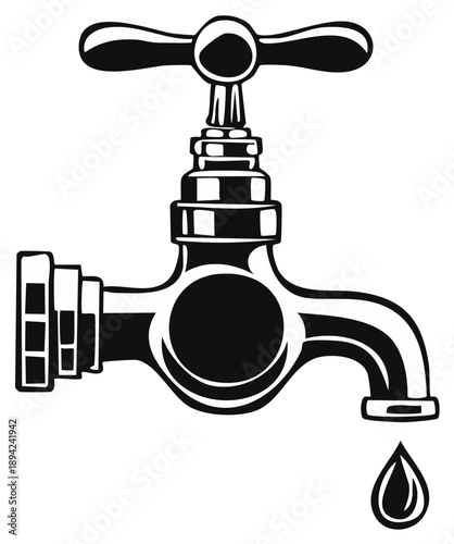 Monochrome illustration of a shiny metal tap with a water droplet hanging beneath it with its shadow