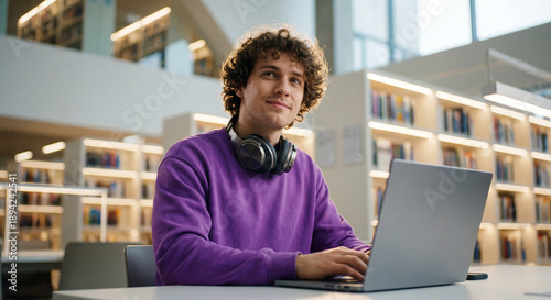 Young student sitting in library with laptop and headphones looking away thoughtfully