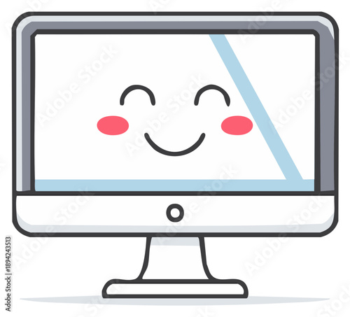Joyful desktop computer monitor displaying a cheerful happy face with rosy cheeks and a big smile vector illustration