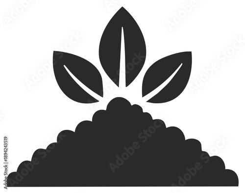 Black silhouette icon of a young plant with three leaves sprouting from a mound of fertile earth
