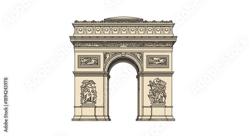 Illustration of the Arc de Triomphe monument in Paris, France, showcasing its architectural details and historical significance from a frontal viewpoint