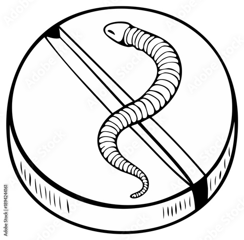 Black and white illustration of a pill with a worm symbol