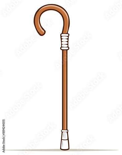 Illustration of a wooden walking cane with a curved handle and white details