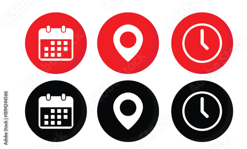 Clock, calendar, and location pin icons vector.