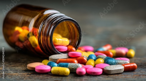 Colorful medicine pills pouring out of a brown prescription bottle on a wooden surface