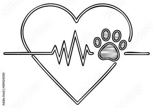 Pet love symbol doodle with heartbeat signal and paw print, drawn vector illustration