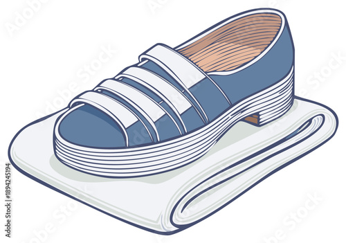 Blue velcro strap shoe rests on folded white fabric detail illustration