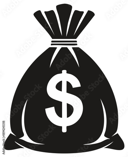 Black and white illustration of a money bag with a dollar sign symbol representing wealth and finance