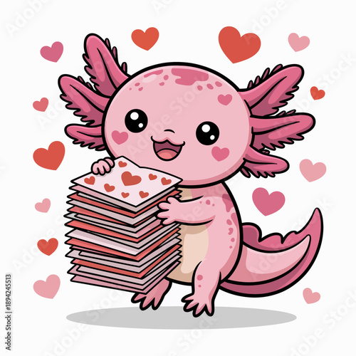 A cartoon pink axolotl is joyfully holding a stack of love letters
