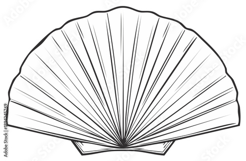 Simple black and white line art of a fan shaped scallop seashell