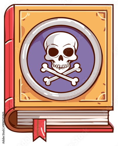 Ornate fantasy spellbook or grimoire with a skull and crossbones emblem