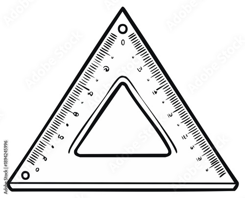 Simple Geometric Triangle Ruler: Black Outline of a Transparent Draftsman Tool with Markings for Measurement.