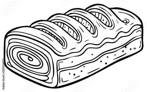 Sweet dessert pastry roll strudel black and white line art vector illustration